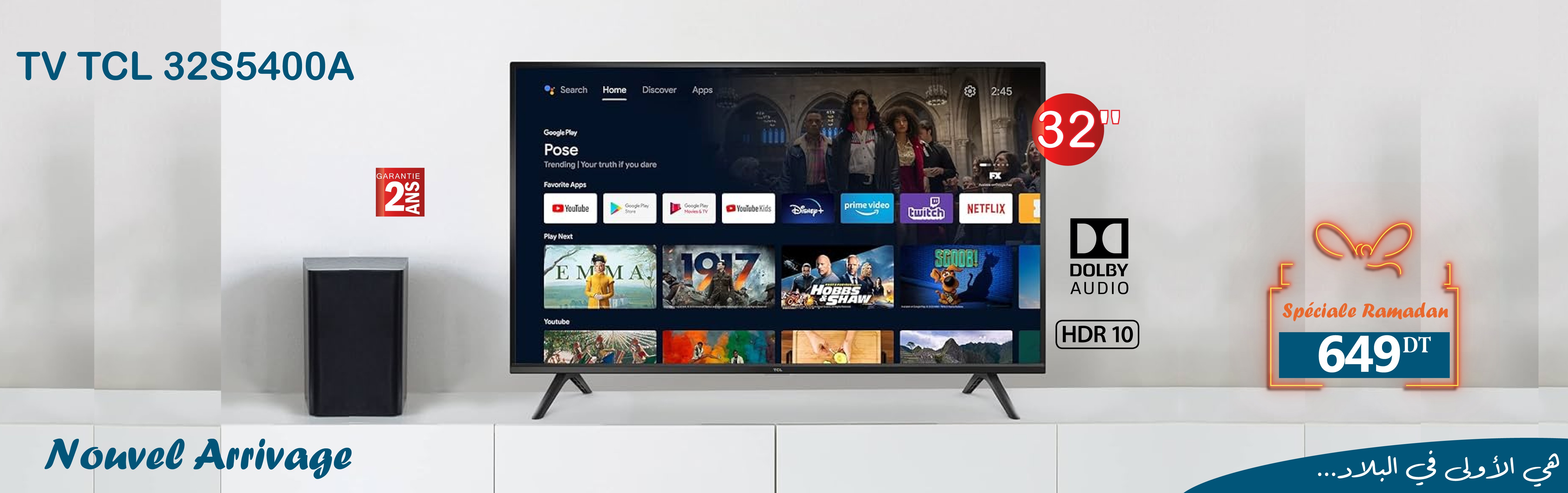 TELEVISEUR TCL32S5400 LED HD SMART ANDROID